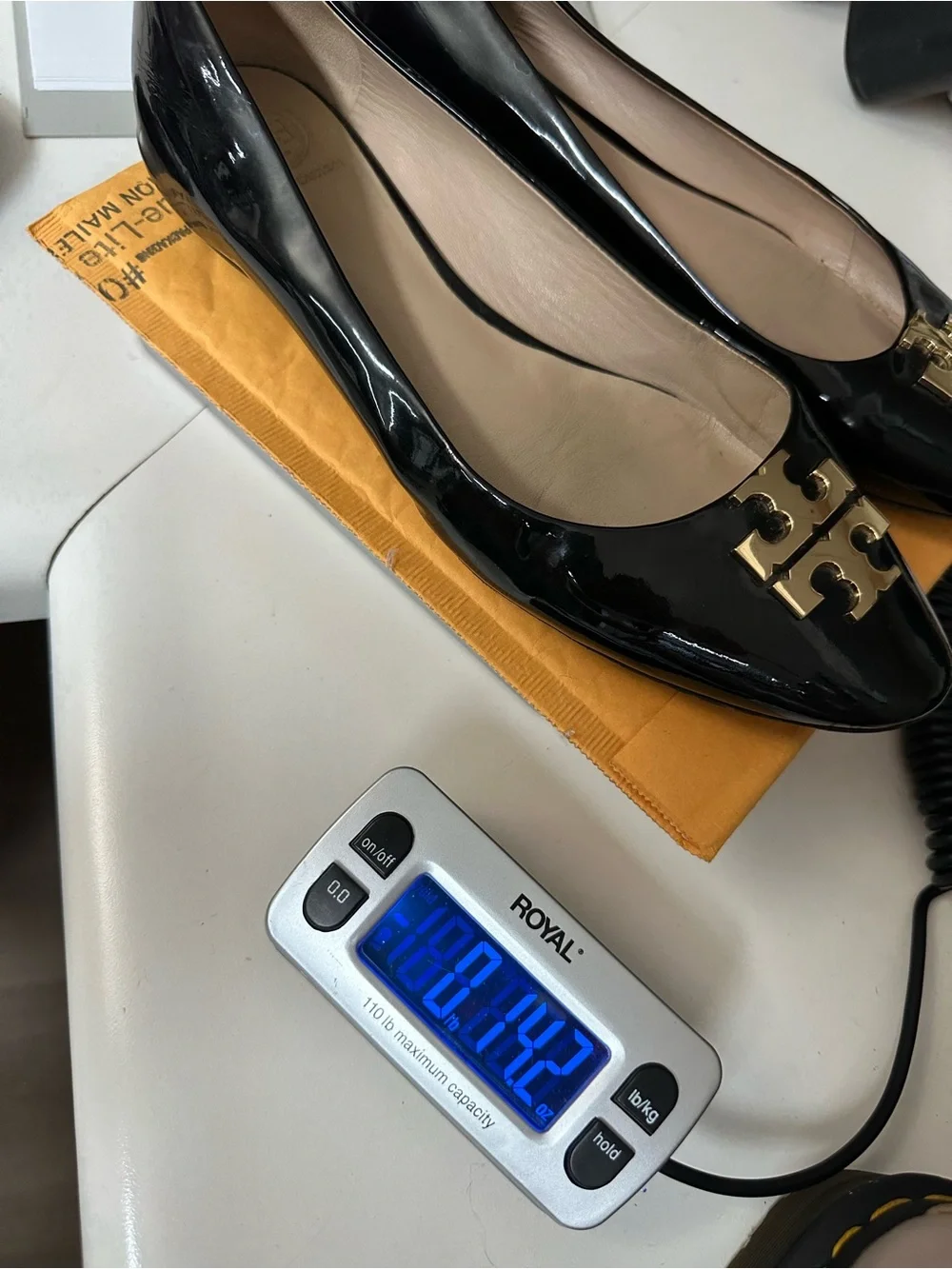 Tory Burch Black Patent Leather Logo Flats with Gold Emblem